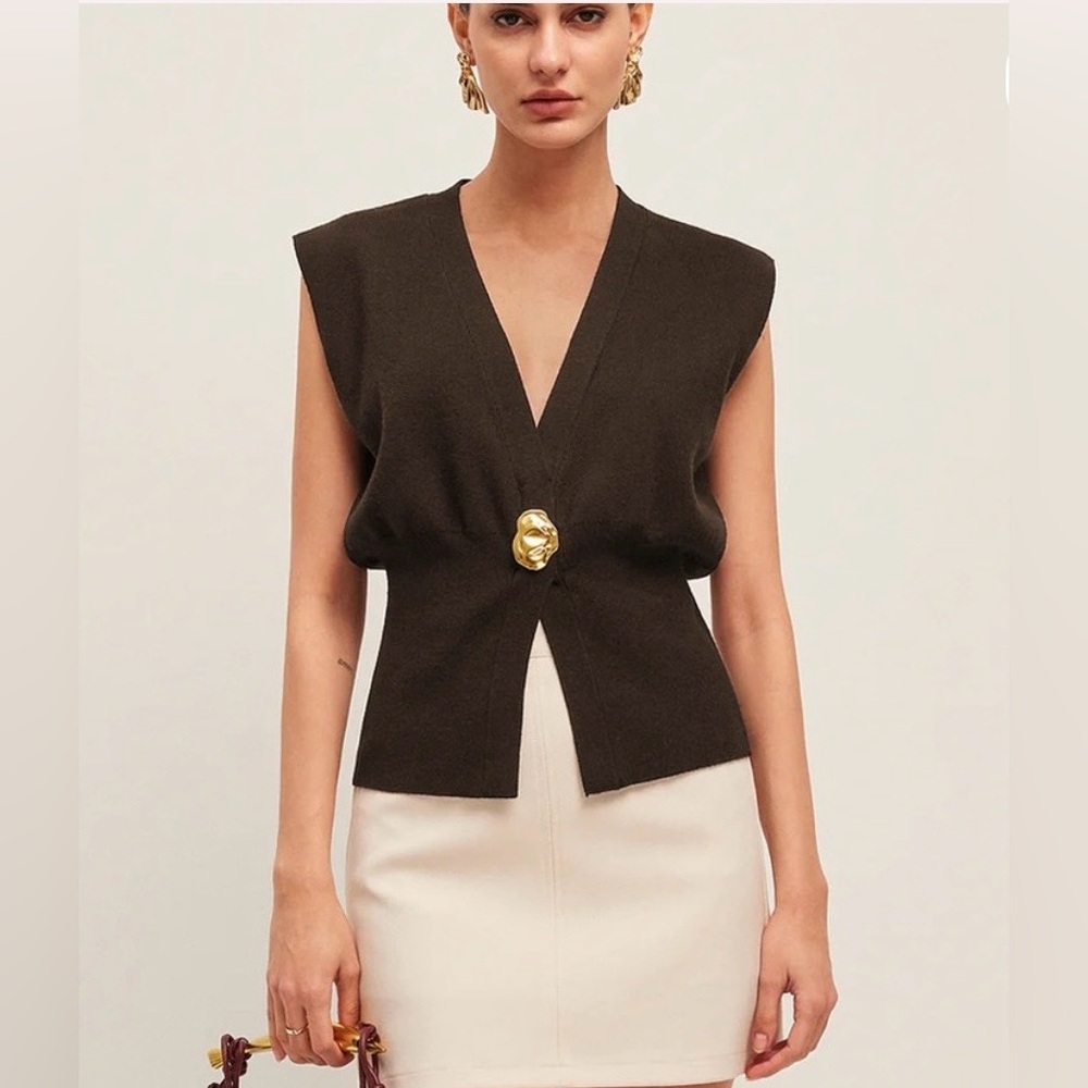 Commense V-Neck Buttoned Detail Sweater Vest with Gold Accent - Dark Brown, Med